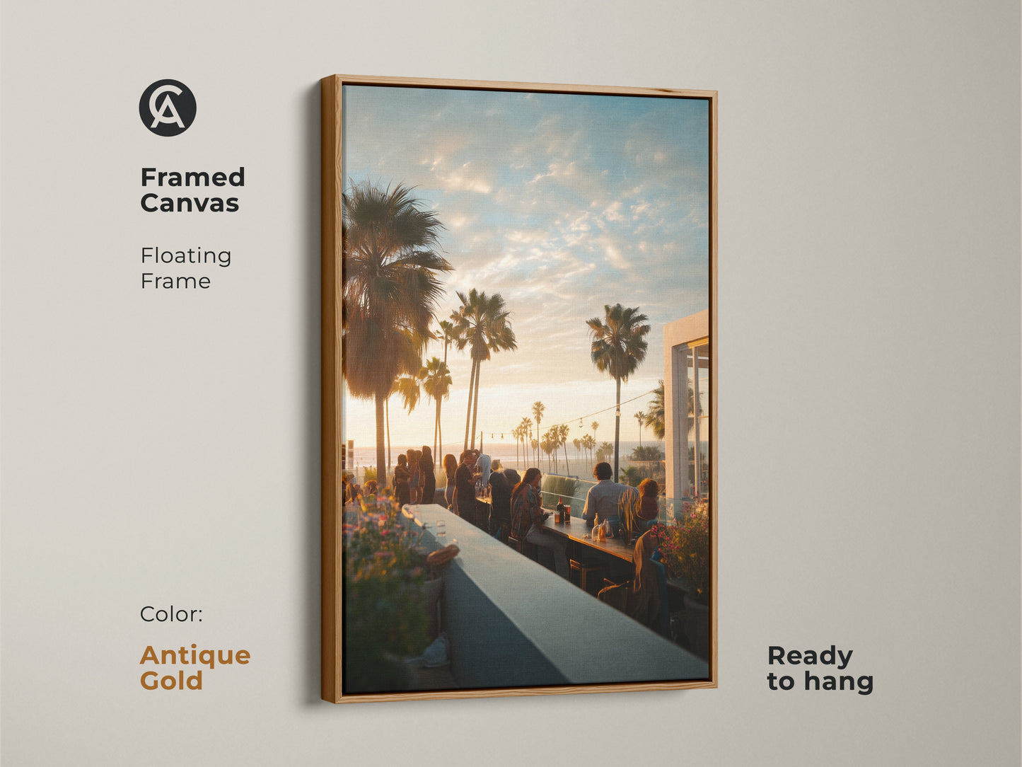 Framed canvas art with an antique gold floating frame. The art shows a rooftop bar sunset scene. Palm trees and people create a relaxed atmosphere. Ready to hang. This artwork will add a touch of elegance to your walls.