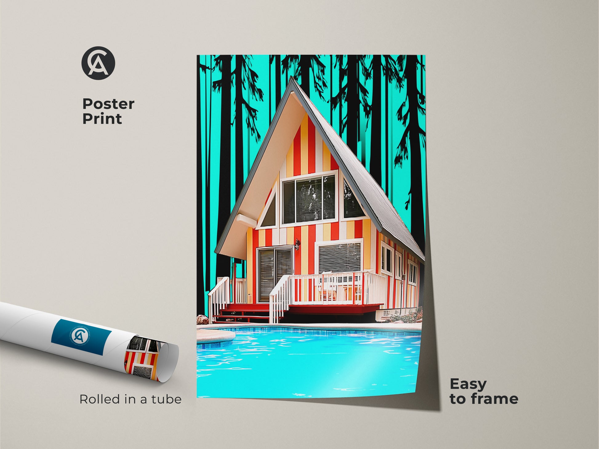 Poster print of a poolside cabin artwork featuring a retro A-frame cabin. This Mid-century modern wall decor is teal orange and yellow and has summer vacation vibes. It is easy to frame and brings vintage architecture to any space.