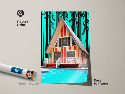 Poster print of a poolside cabin artwork featuring a retro A-frame cabin. This Mid-century modern wall decor is teal orange and yellow and has summer vacation vibes. It is easy to frame and brings vintage architecture to any space.
