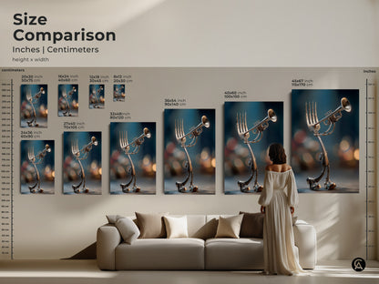 Size comparison of artwork with a fork playing a trumpet. Available in various sizes in inches and centimeters. See how it fits in different room settings. Find the ideal size for your space. Transform your decor today.