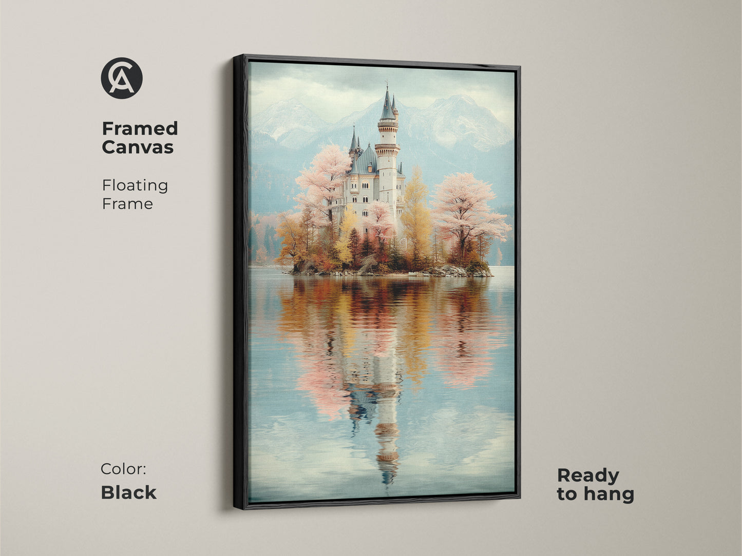 Framed Canvas showcasing a Muted Teal Castle. This dreamy mountain art has a floating black frame. It is Ready to hang. Perfect for bedroom castle artwork or creative office decor.