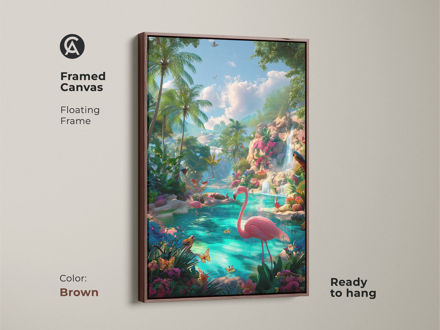Framed canvas with a brown floating frame. This tropical lagoon art showcases pink flamingos and palm trees. A waterfall and butterflies complete the vibrant scene. This framed artwork is ready to hang and enjoy.