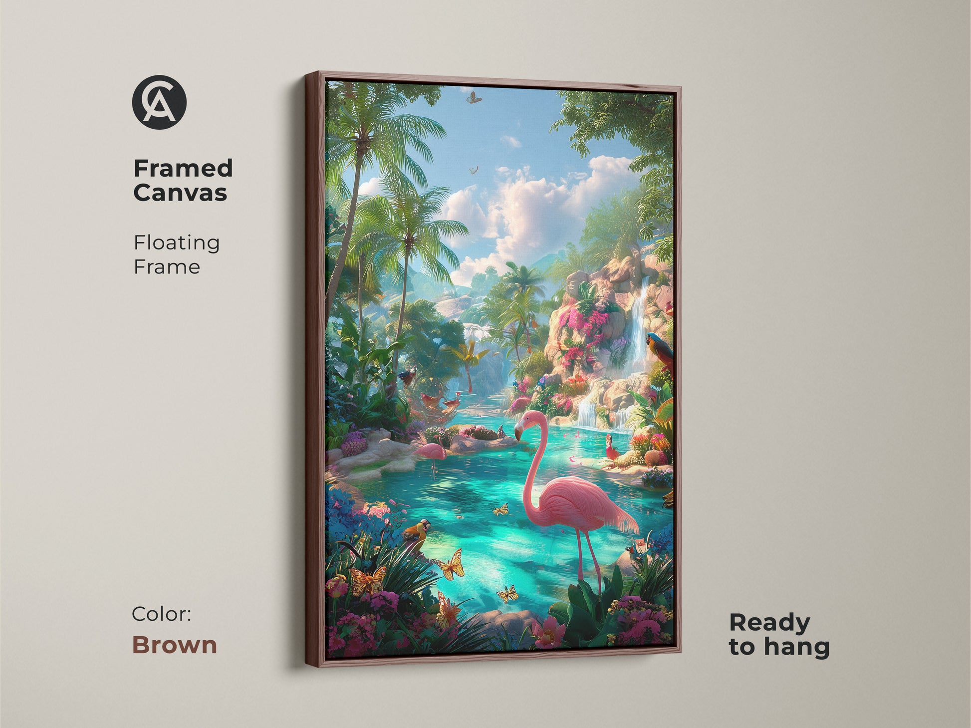 Framed canvas with a brown floating frame. This tropical lagoon art showcases pink flamingos and palm trees. A waterfall and butterflies complete the vibrant scene. This framed artwork is ready to hang and enjoy.
