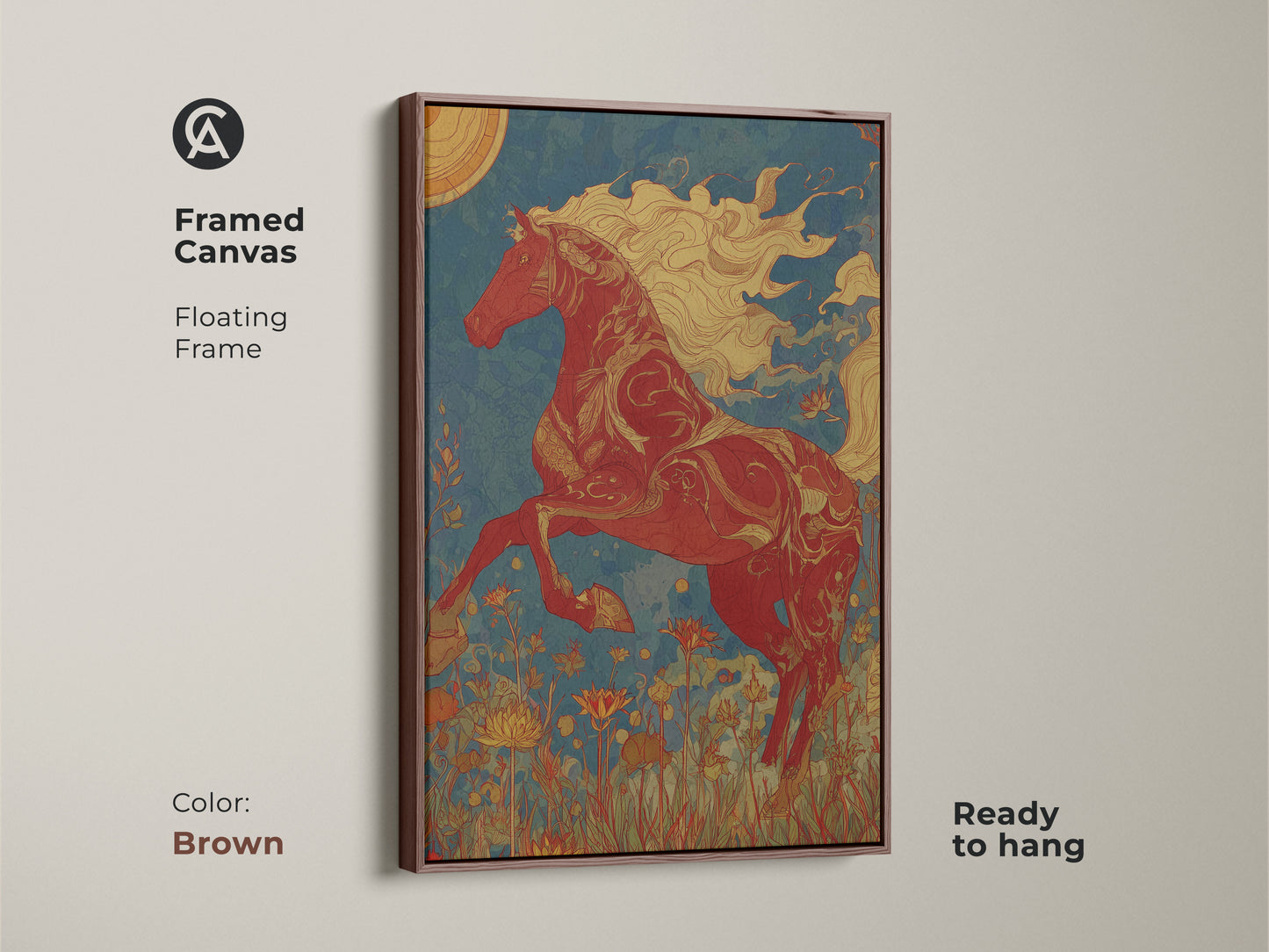 Framed canvas with a red horse artwork in art nouveau style. Brown floating frame enhances the equestrian theme. Ready to hang and ideal as a housewarming gift art. The sun motif brings warmth to this unique horse artwork.