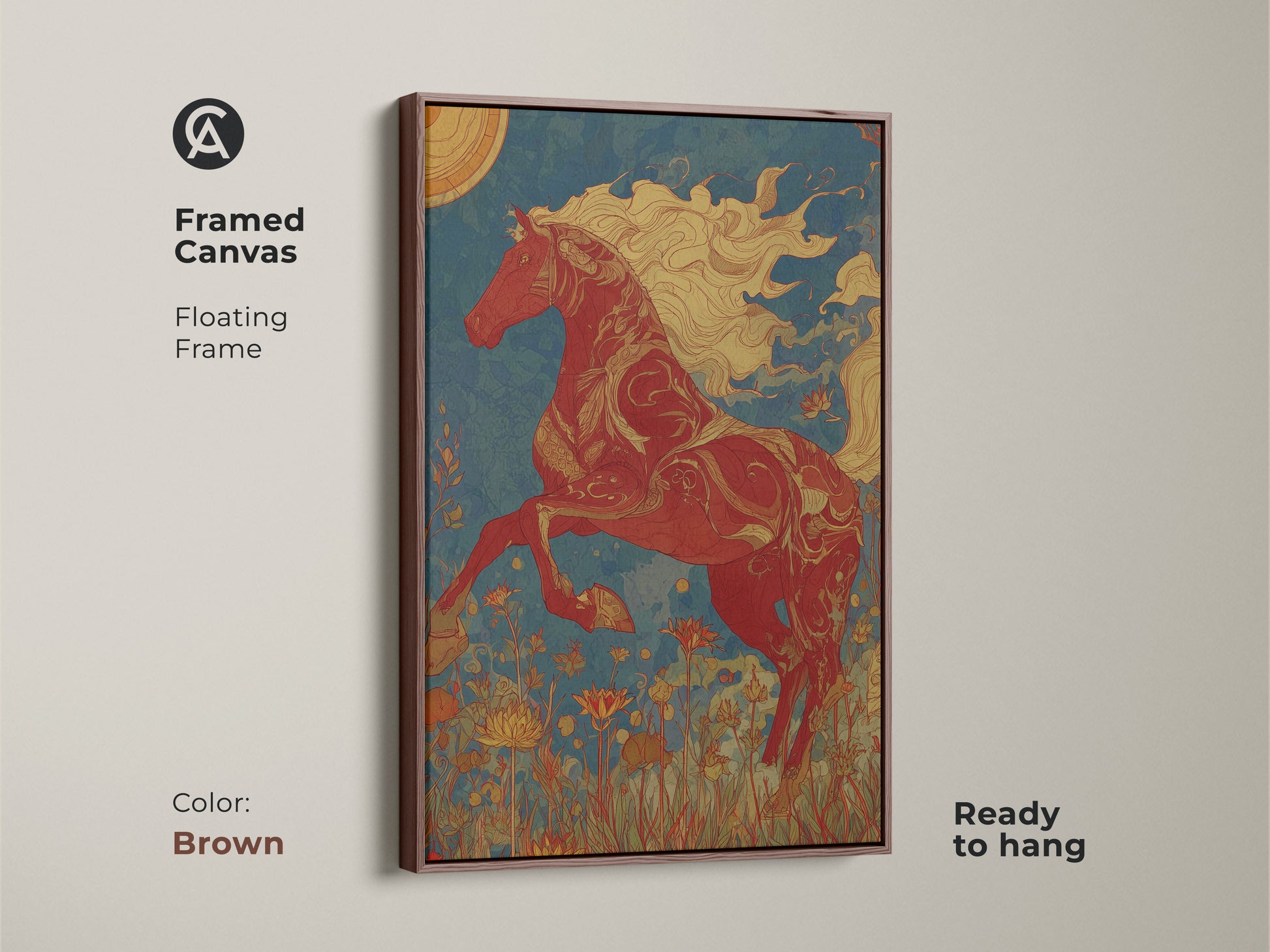 Framed canvas with a red horse artwork in art nouveau style. Brown floating frame enhances the equestrian theme. Ready to hang and ideal as a housewarming gift art. The sun motif brings warmth to this unique horse artwork.