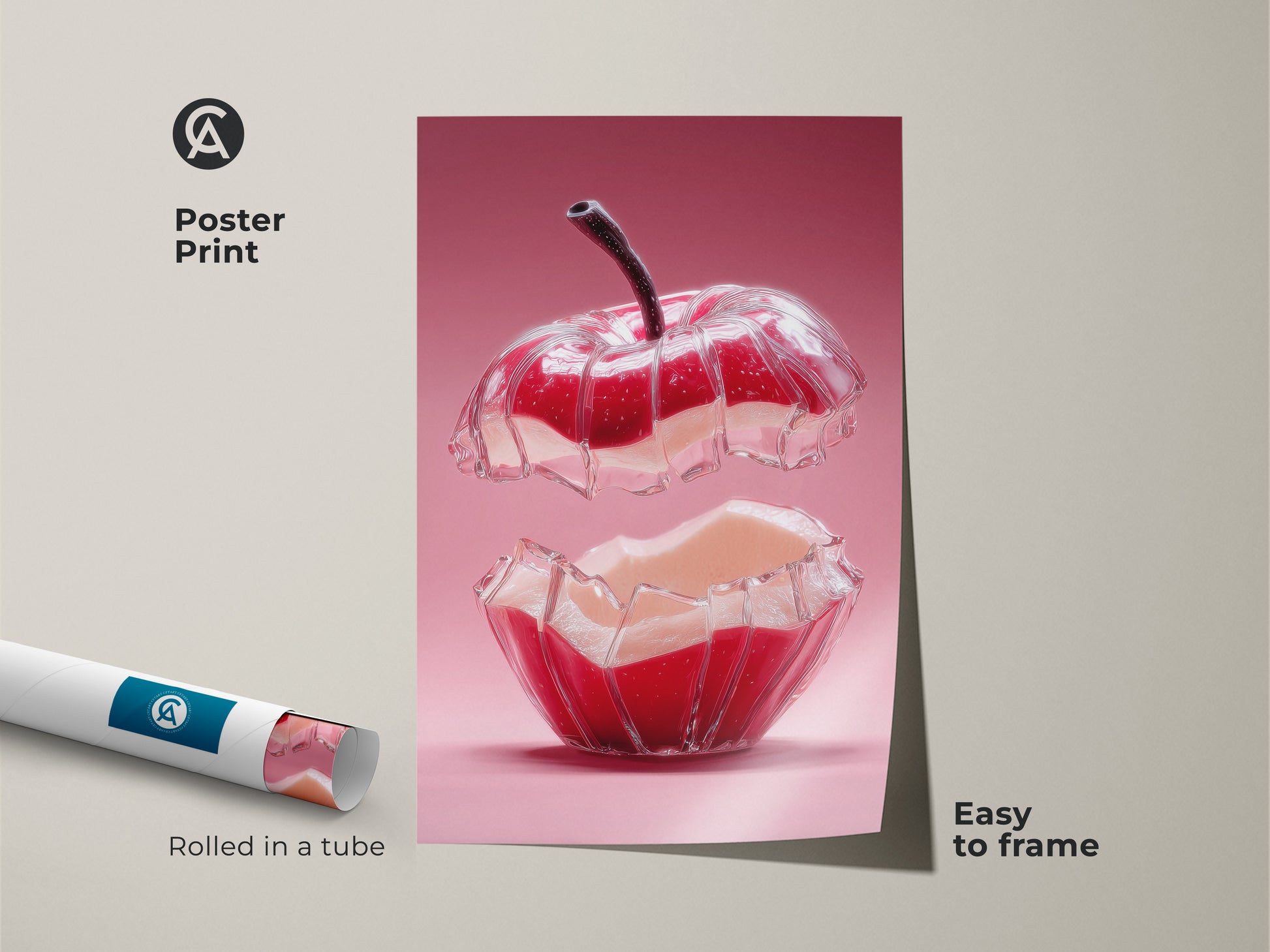 Poster print featuring a surreal apple art print. The abstract red and pink hues bring modern flair. An easy-to-frame foodie gift. Perfect for contemporary home decor. The rolled poster showcases a unique abstract fruit still life. Elevate your space with this artwork.
