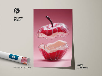Poster print featuring a surreal apple art print. The abstract red and pink hues bring modern flair. An easy-to-frame foodie gift. Perfect for contemporary home decor. The rolled poster showcases a unique abstract fruit still life. Elevate your space with this artwork.