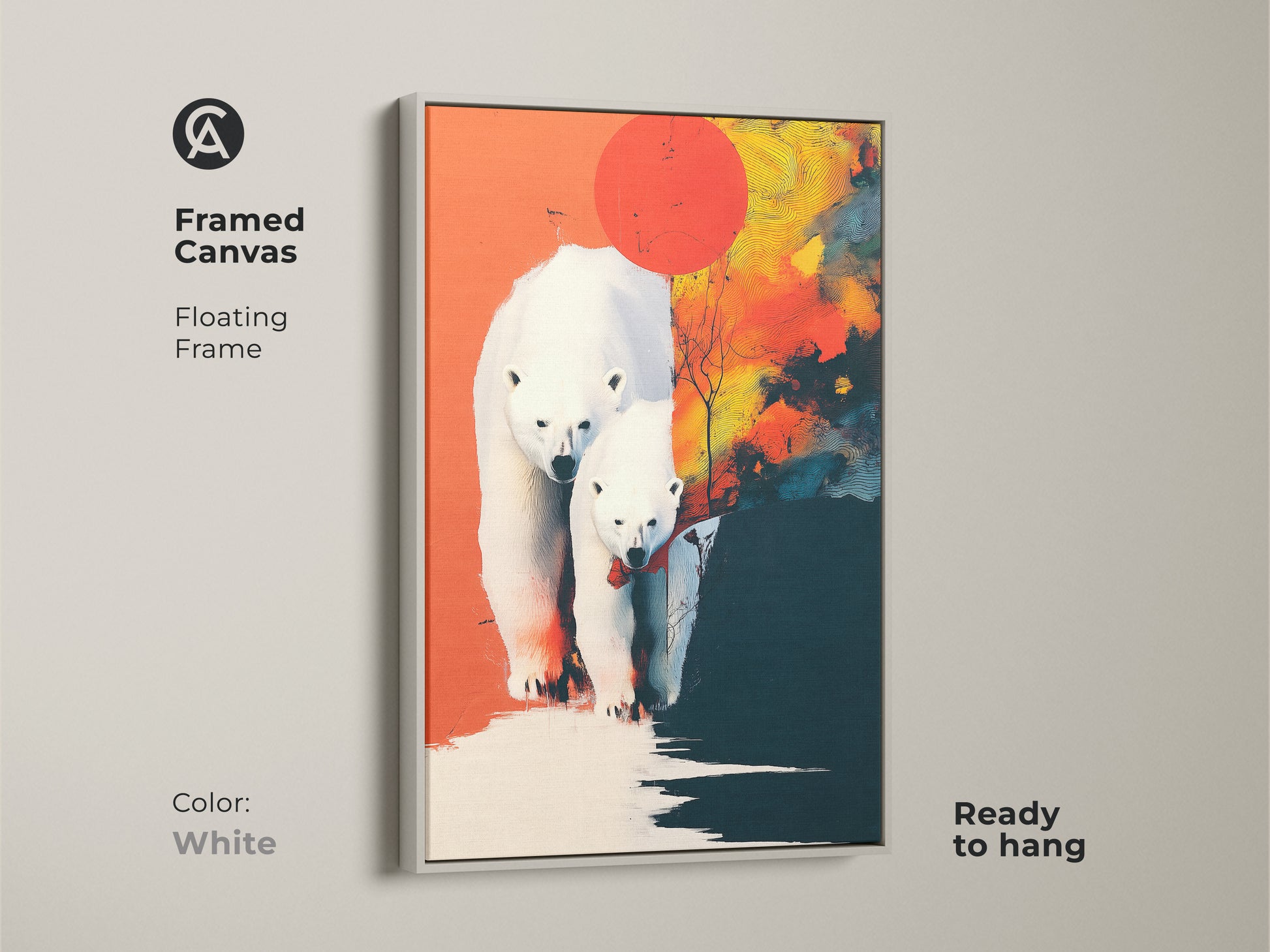 Framed in white an abstract canvas print features a polar bear family. This modern wall art is ready to hang. Bring contemporary nature-inspired artwork to your living room or office. Perfect gift for animal lovers.