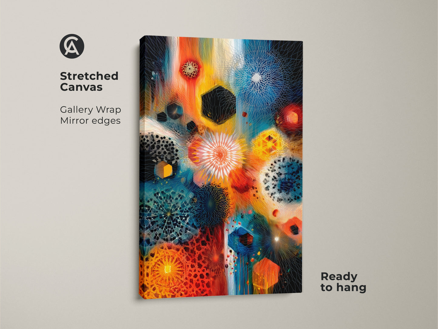 Stretched canvas featuring geometric abstract wall art. The gallery wrap with mirror edges enhances the contemporary artwork. It displays orange blue and teal mandala elements. Ready to hang this eclectic piece in your home or office now