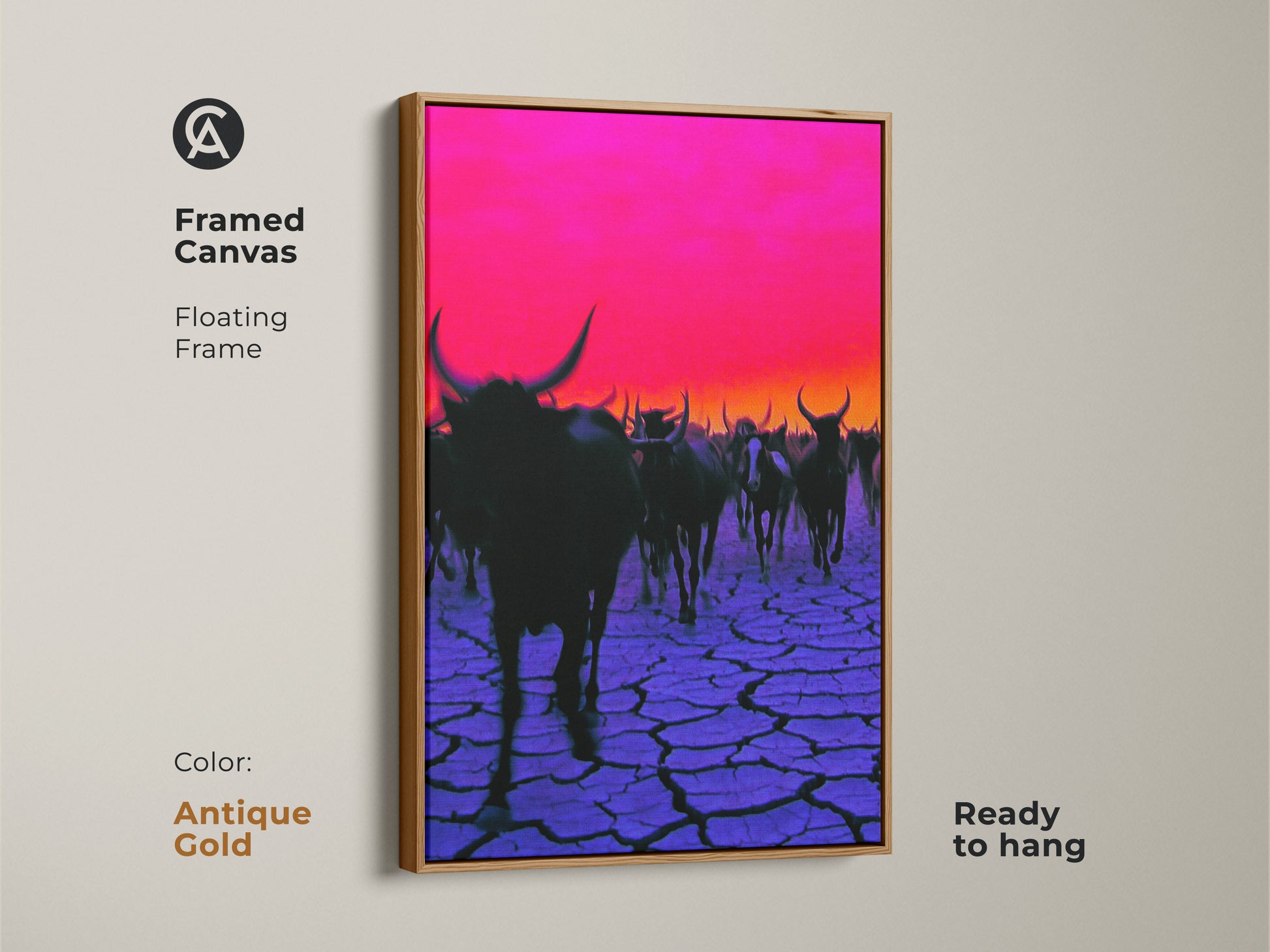 Framed canvas artwork of a surreal cattle herd. Antique gold floating frame. Magenta sky and cracked purple earth. This print brings eclectic style. Ready to hang for unique decor.