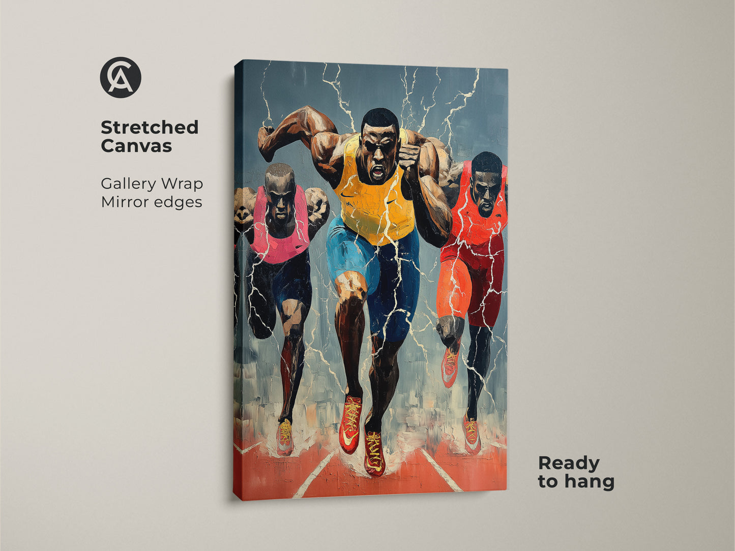 Stretched canvas showcasing runner canvas art. The gallery wrap with mirror edges is ready to hang. Expressionist sports action painting in vivid yellow blue and red tones. Perfect for gym decor.