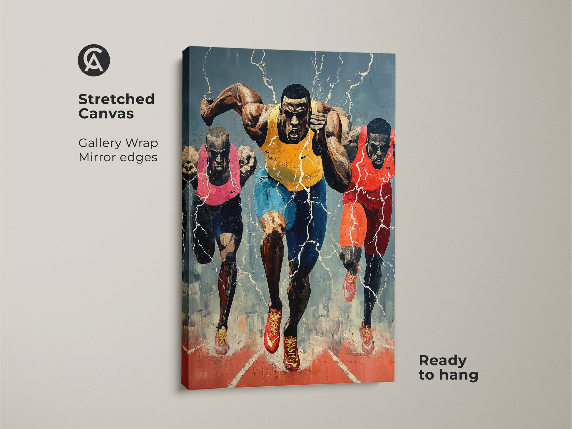 Stretched canvas showcasing runner canvas art. The gallery wrap with mirror edges is ready to hang. Expressionist sports action painting in vivid yellow blue and red tones. Perfect for gym decor.