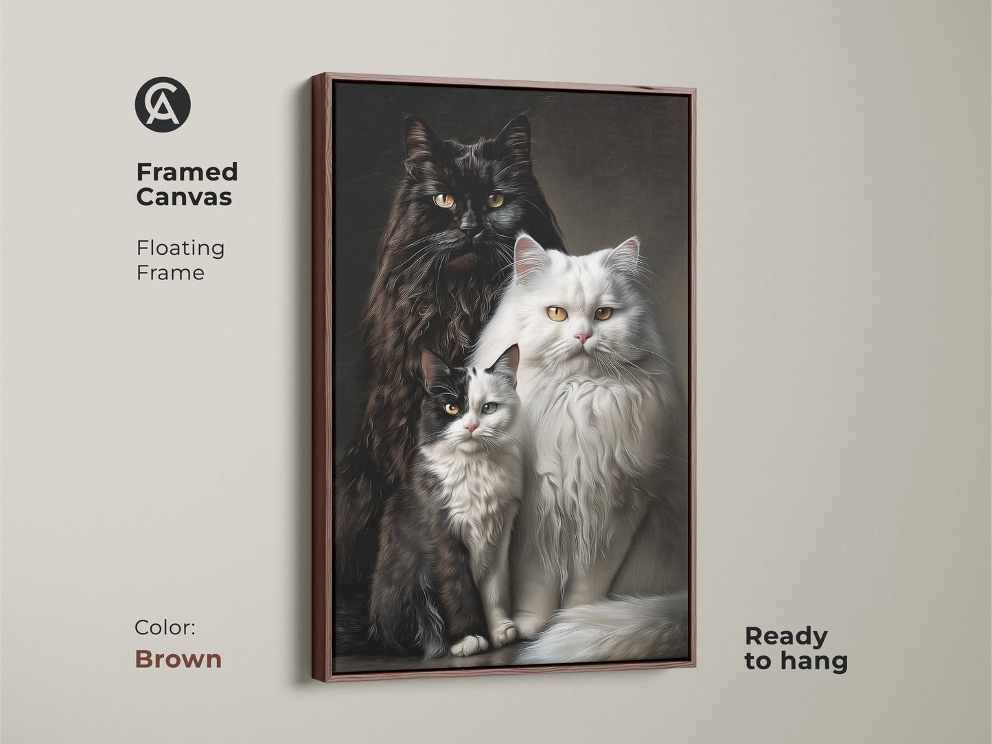 A brown framed canvas with a floating frame displays cat art. The ready to hang artwork features a fluffy black cat a fluffy white cat and a black and white kitten. This animal art is perfect for cat lovers.