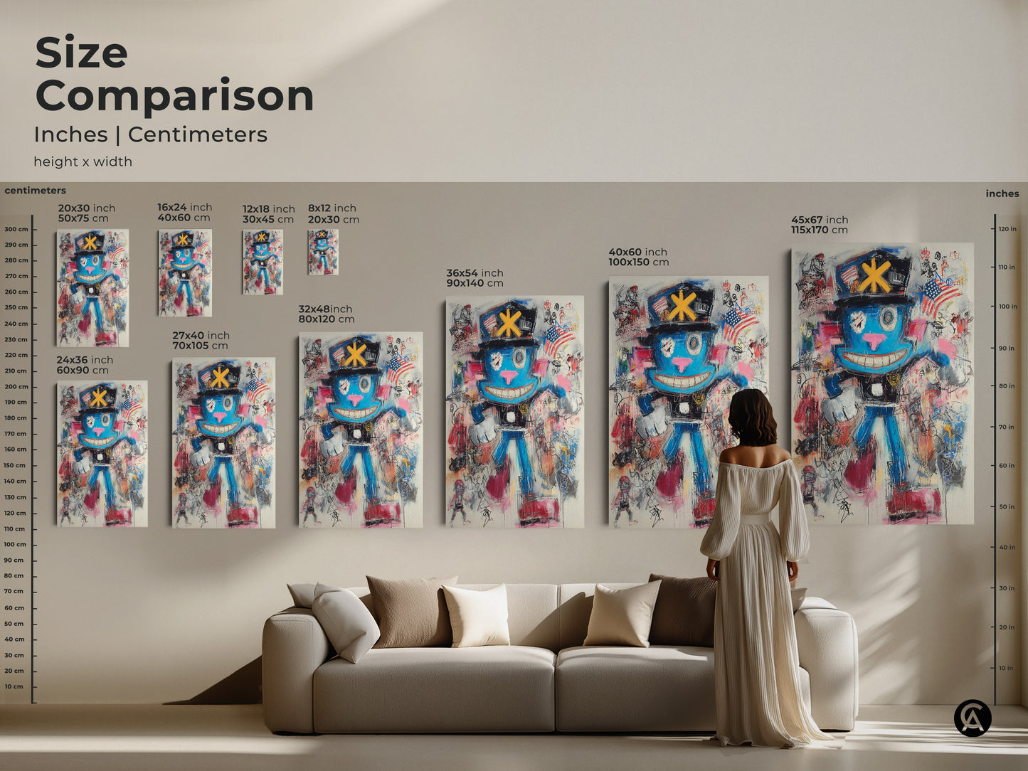 A size comparison shows graffiti character art above a couch. This urban character painting can transform any living room. The blue red pink colors add a vibrant touch. It is a unique and eclectic art piece.