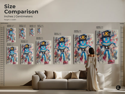 A size comparison shows graffiti character art above a couch. This urban character painting can transform any living room. The blue red pink colors add a vibrant touch. It is a unique and eclectic art piece.