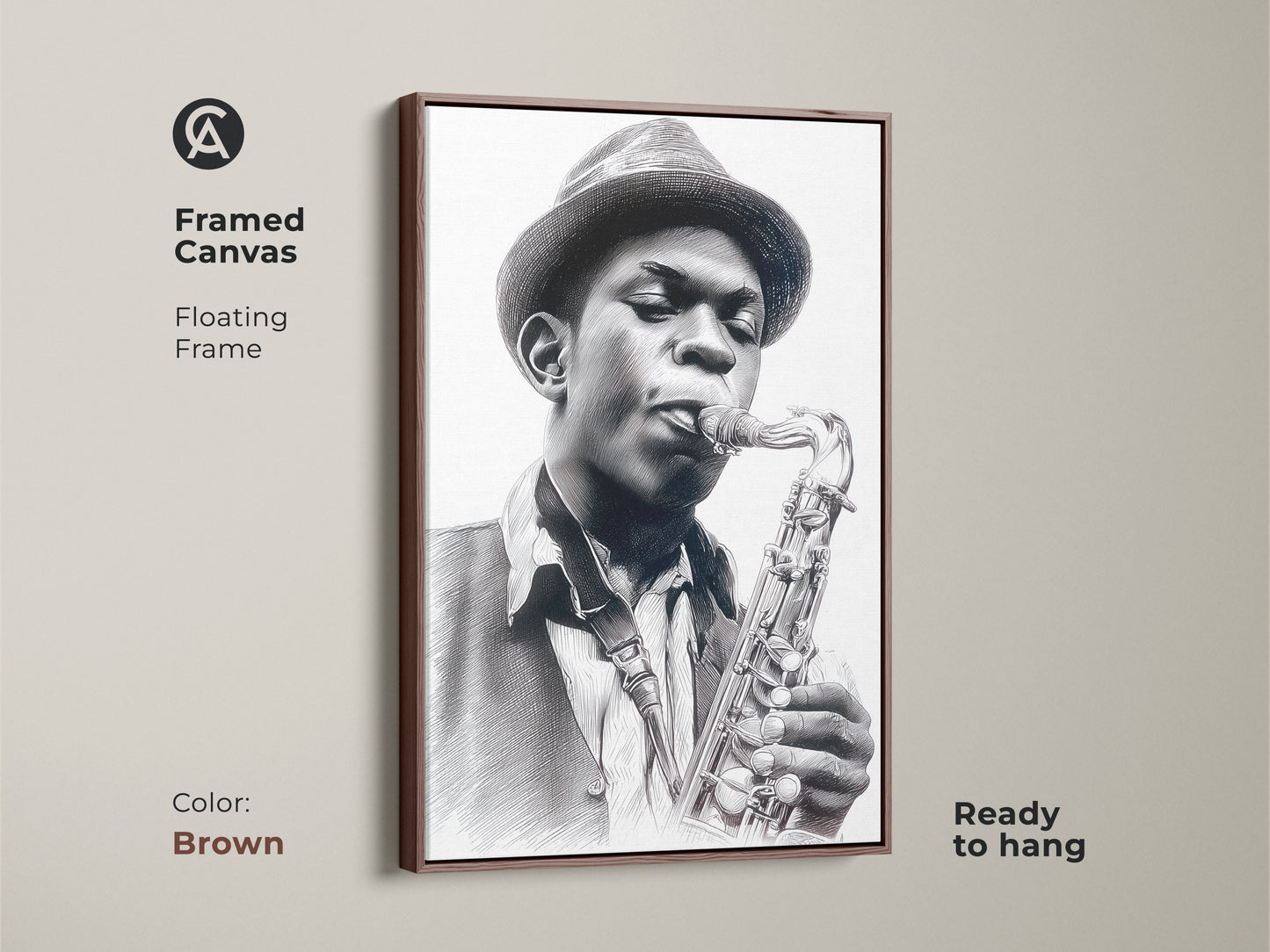 Framed canvas art featuring a musician with a saxophone. The floating frame is brown. This canvas art is ready to hang. The musician in the artwork is wearing a fedora style hat. The art is a pencil sketch.