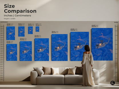 Compare sizes of helicopter artwork canvas and posters. View dimensions in inches and centimeters to find the ideal fit for your wall decor. See how each size transforms a living space with our size comparison guide.
