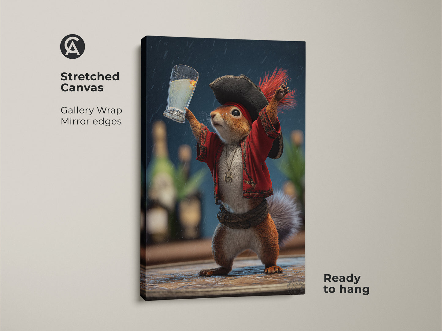 Stretched canvas gallery wrap featuring a pirate squirrel raising a glass. This funny animal drinking artwork brings an eclectic style to your home decor. Ready to hang with mirrored edges it is perfect for animal lovers seeking unique wall art.