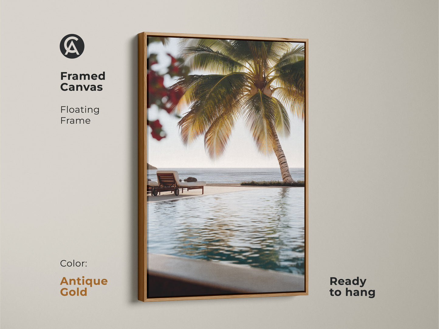 Framed Canvas in Antique Gold of Beachside Paradise. Floating frame is ready to hang. This tropical palm tree art features a teal ocean view. Add an island paradise to your walls. Perfect as a housewarming gift for beach lovers.