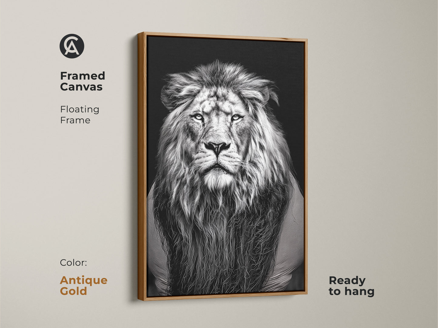 A framed canvas with a floating frame showcases a photorealistic lion. An antique gold framed monochrome wildlife art is ready to hang. The animal face wall decor is perfect for modern interiors. Its a thoughtful gift for any animal lover. This powerful beast art brings a touch of the animal kingdom to your space.