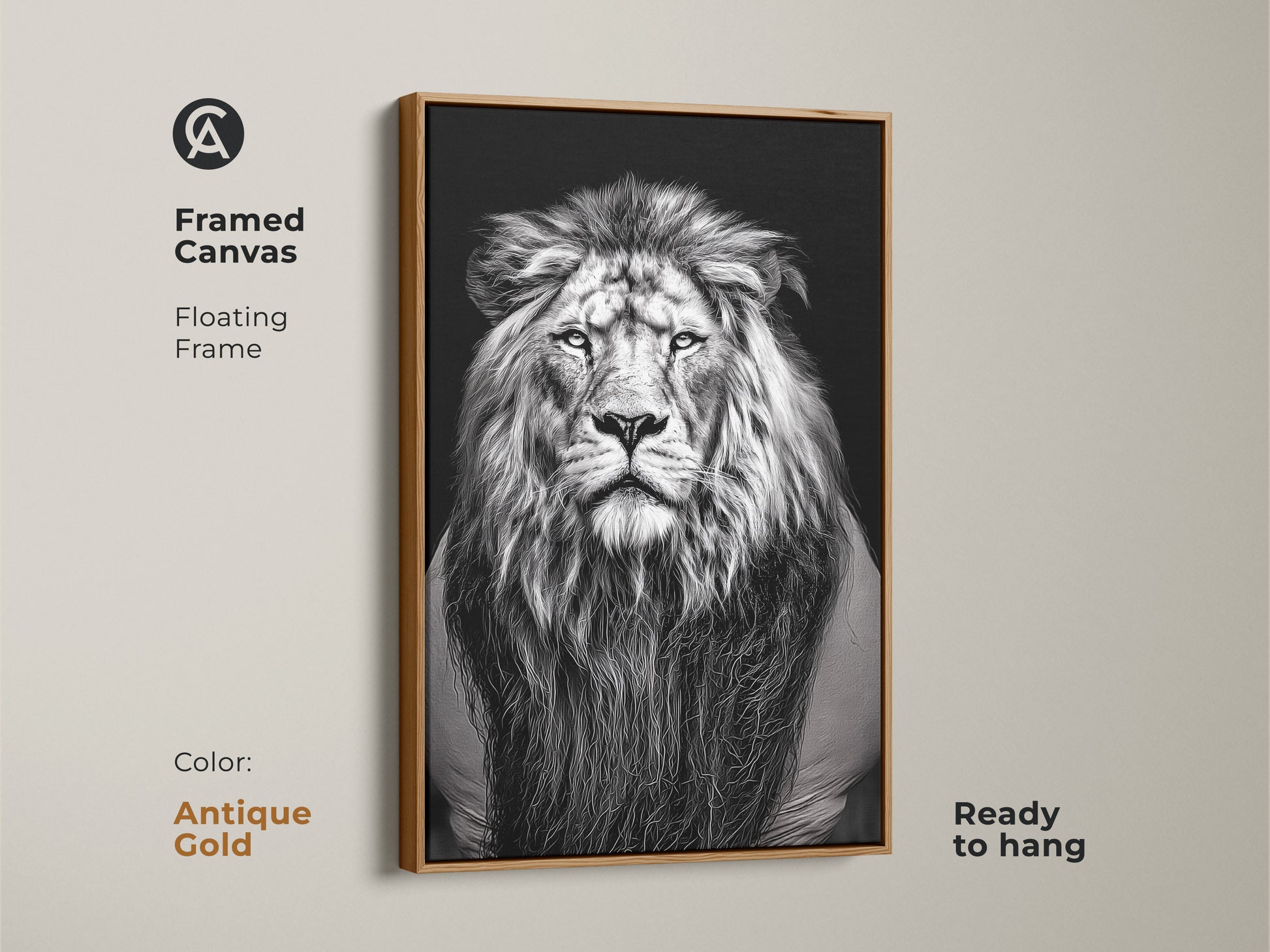 A framed canvas with a floating frame showcases a photorealistic lion. An antique gold framed monochrome wildlife art is ready to hang. The animal face wall decor is perfect for modern interiors. Its a thoughtful gift for any animal lover. This powerful beast art brings a touch of the animal kingdom to your space.