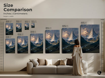 Size comparison of inches and centimeters. See how this traditional art fits in your home. It features a snowy peak and river valley landscape print. Available in multiple sizes for your living room.