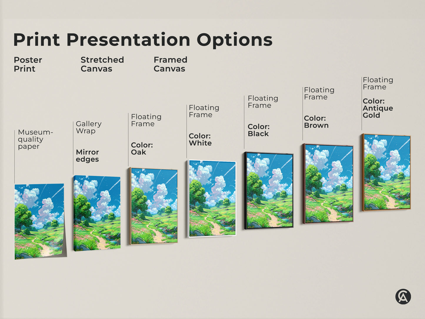 Explore print presentation options for landscape artwork including poster prints stretched canvas and framed canvas. Choose from gallery wrap mirror edges and floating frames in various colors. Find the perfect artwork to enhance your space.