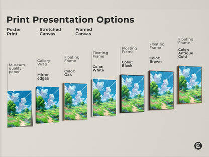 Explore print presentation options for landscape artwork including poster prints stretched canvas and framed canvas. Choose from gallery wrap mirror edges and floating frames in various colors. Find the perfect artwork to enhance your space.