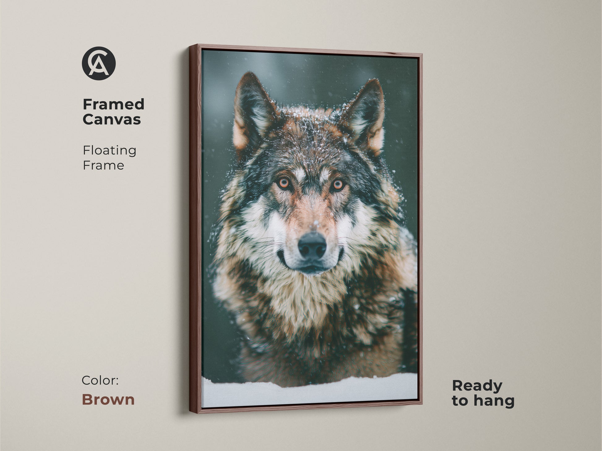 Framed photorealistic wolf canvas. The brown floating frame complements the artwork. This wildlife animal art is perfect for wolfs den decor art. Ready to hang for easy setup. It's a great gift for wolf lovers. The snowy forest wolf print adds rustic charm.