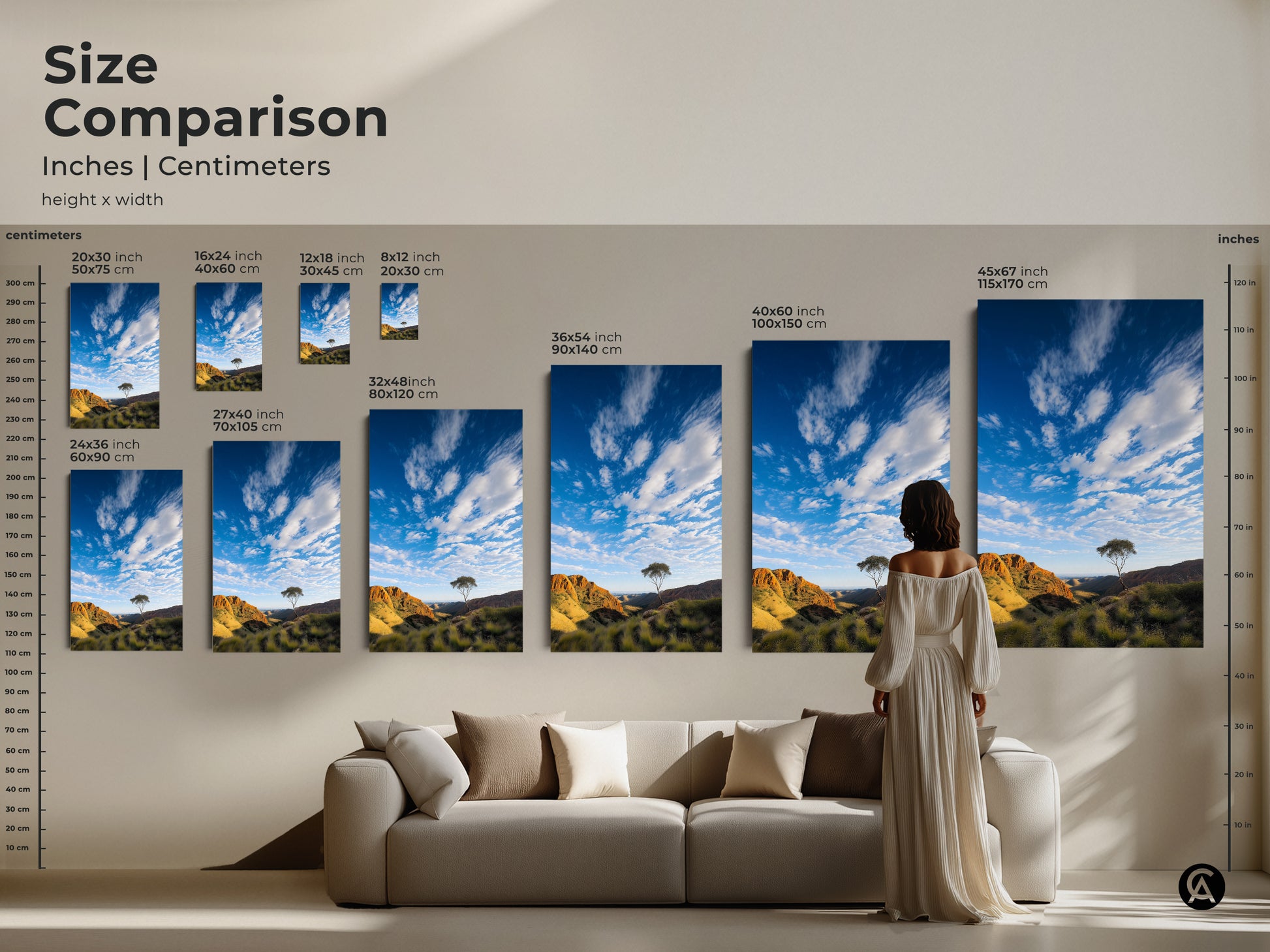Size comparison of scenic Australian Outback landscape artwork in inches and centimeters. See how the canvas art fits above a sofa. Available in various sizes this mountain art print brings the beauty of nature indoors. Perfect for enhancing your living room decor.