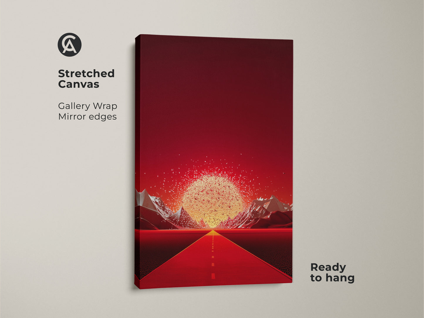 Stretched canvas art displays a surreal mountain canvas. It features a crimson road leading to gold abstract landscape. This ready-to-hang contemporary entryway decor is a digital art masterpiece for home. A travel lover gift idea with red and gold wall art. Modern abstract nature at its finest.