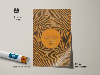 A rolled poster print of the abstract sun face is shown. This boho celestial wall artwork is easy to frame. Featuring yellow and black sun art it's perfect for bedroom boho wall decor. It's a thoughtful gift for celestial art lovers.