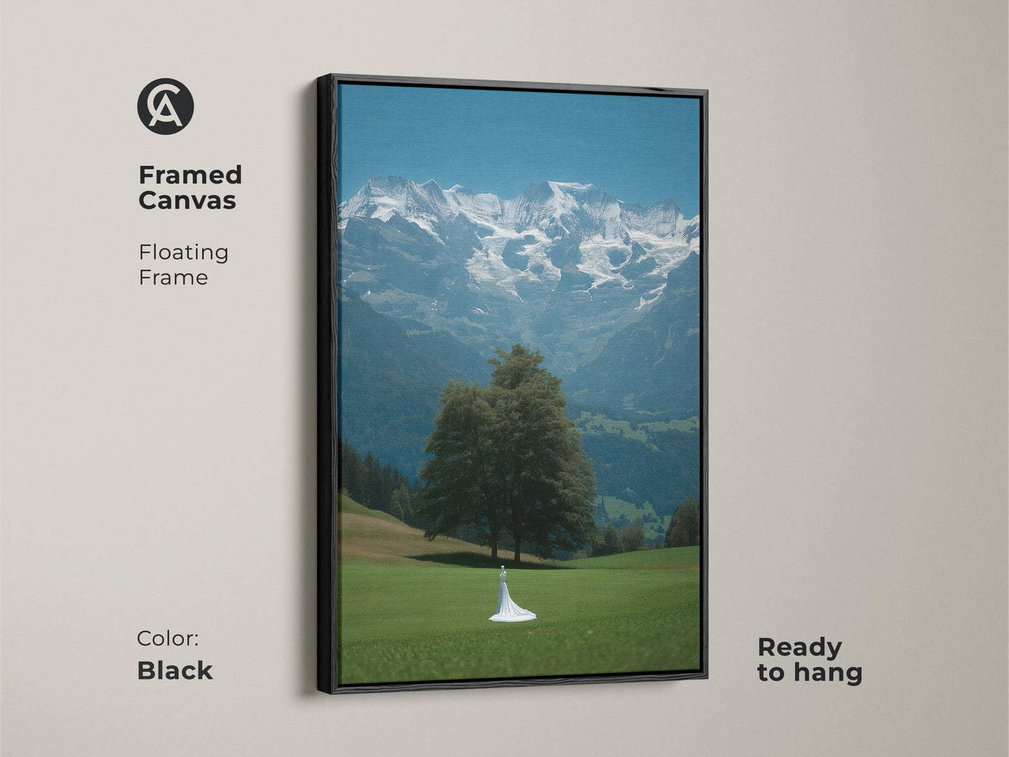 Framed canvas of cinematic mountain artwork with a black floating frame. This fine art nature print displays a bride figure. Nature artwork ideal as a wedding gift canvas. Blue green wall decor for contemporary homes. This bridal gown and mountains art piece is ready to hang. Inspired by travel and romantic landscapes.