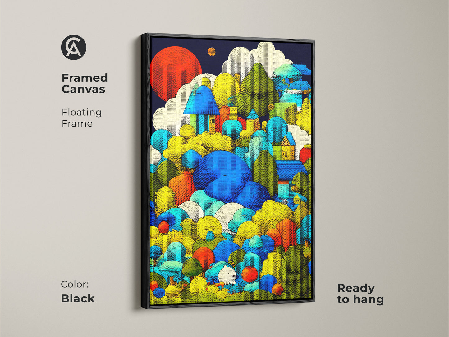 Framed canvas showcasing whimsical houses art with a brown floating frame. The nature canvas adds an artistic touch to a space. Blue green and yellow hues blend in abstract art. Ready to hang for home decor.