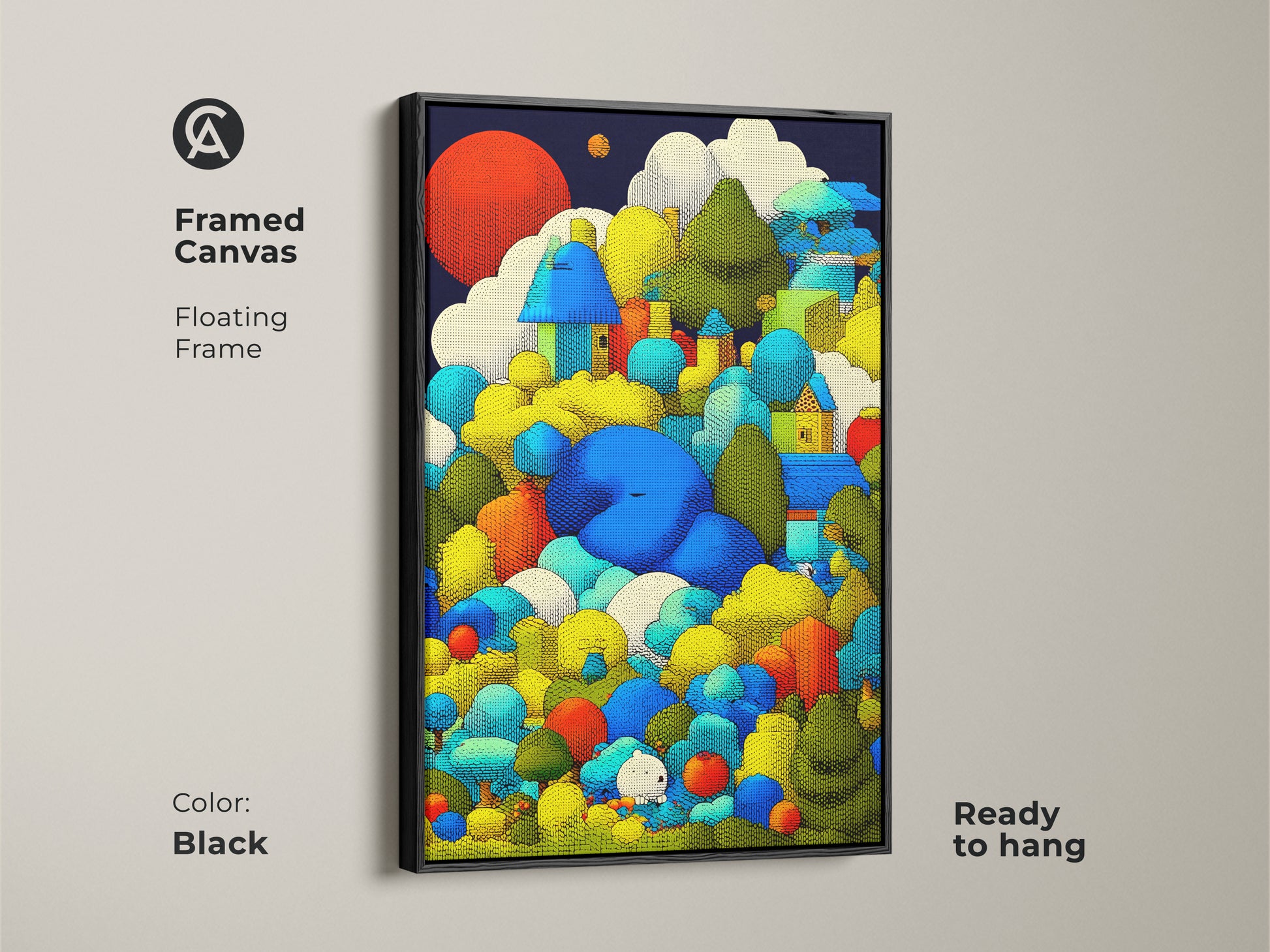 Framed canvas showcasing whimsical houses art with a brown floating frame. The nature canvas adds an artistic touch to a space. Blue green and yellow hues blend in abstract art. Ready to hang for home decor.