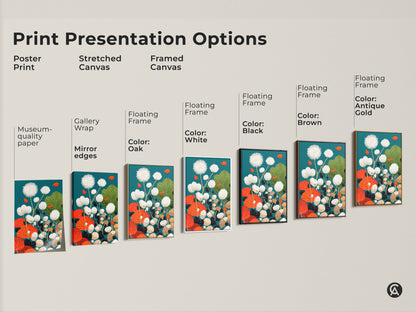 Print presentation options for abstract botanical wall art. Choose from poster prints or stretched and framed canvases. Find the perfect dandelion pebble art for any decor style or gift need.