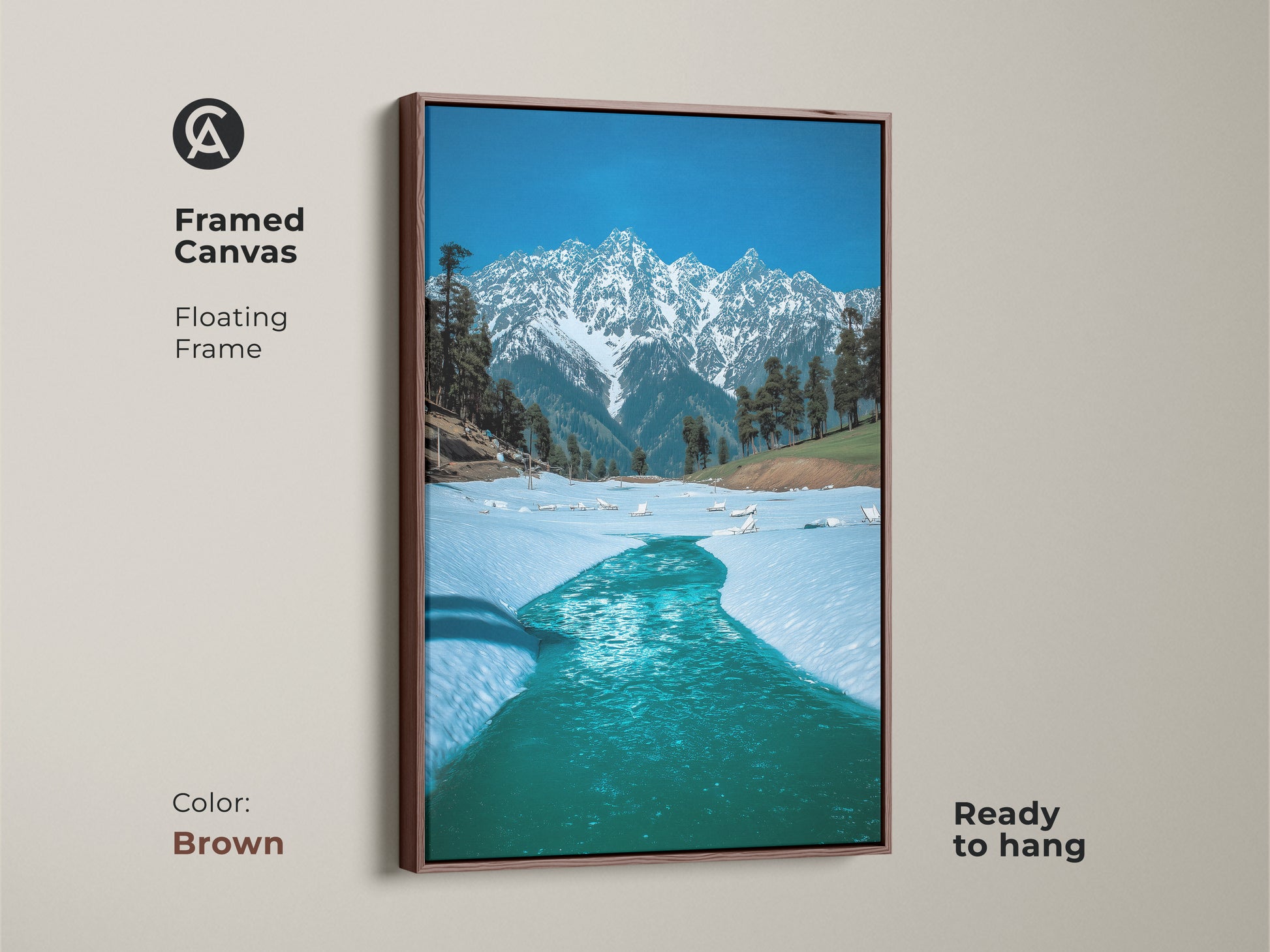 Framed canvas presenting a stunning snowy mountain artwork with a brown floating frame. This realistic landscape art brings the beauty of winter into your living room. A perfect ready-to-hang nature print for outdoor enthusiasts home decor.