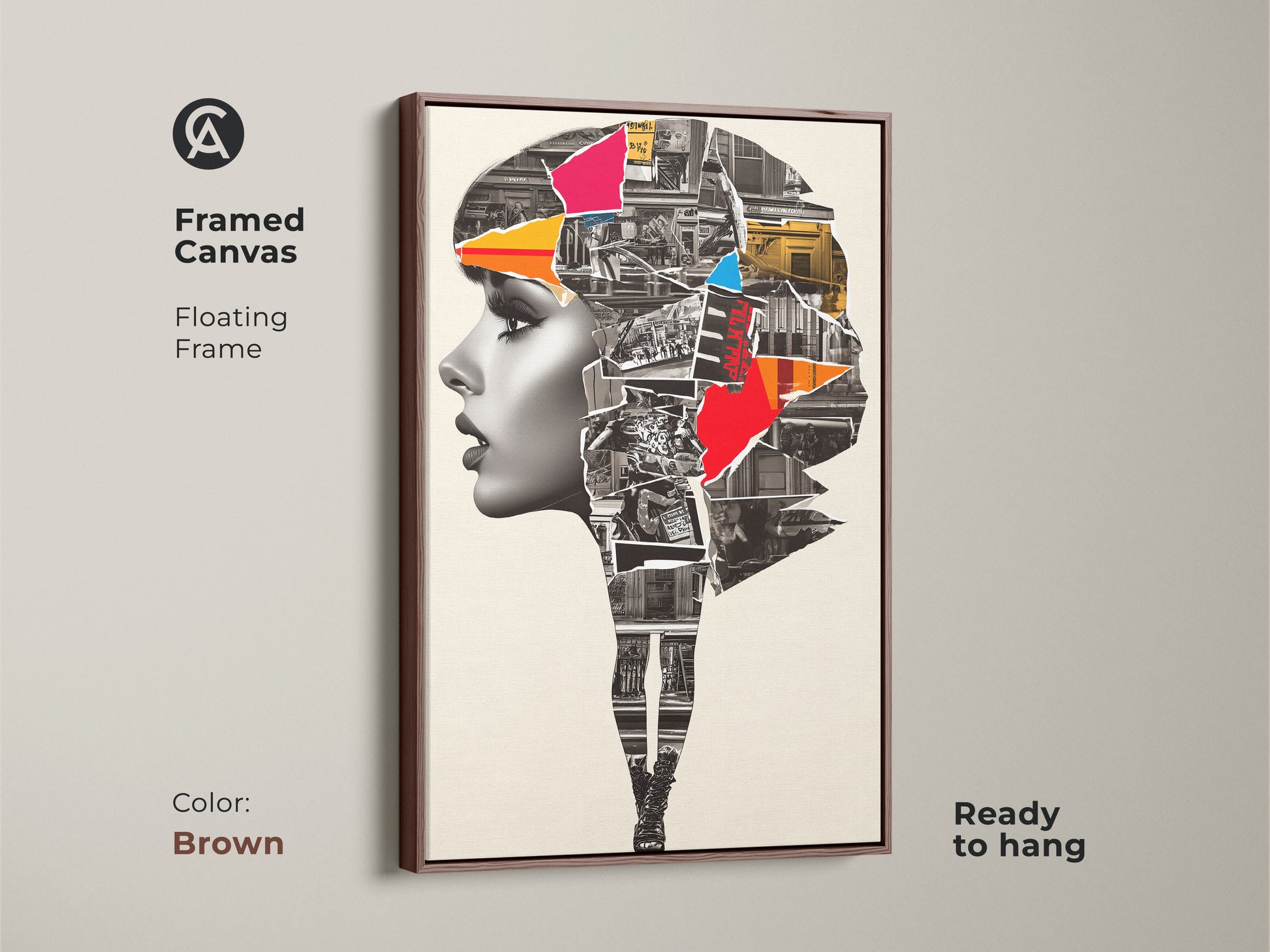 A framed canvas features an Abstract Woman Portrait. The brown floating frame enhances the urban collage mixed media artwork. Crimson and cobalt blue colors add a contemporary touch. A modern art print ready to hang.