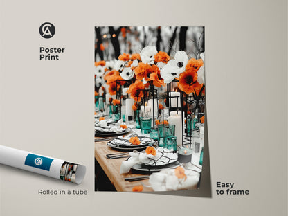 Poster print art of orange and white anemones. This elegant table setting canvas is easy to frame. Ideal for contemporary dining room wall art. This floral centerpiece print adds sophistication to any space. Perfect for home entertainers or upscale restaurant decor. A modern botanical print for a chic touch.