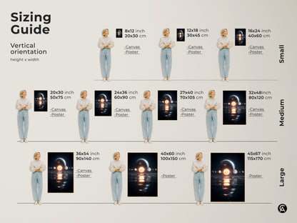 Sizing guide for vertical orientation space art. Posters and canvas come in small medium and large sizes. Find the perfect size for your home. Sizes go up to 45x67 inches or 115x170 cm.