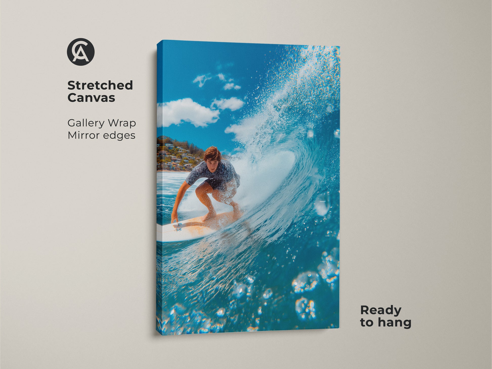 Stretched canvas art of a surfer riding a wave. The gallery wrapped canvas has mirror edges. This ready to hang artwork captures a surfer inside a wave. The blue ocean water is vibrant. Add this to your surf decor today