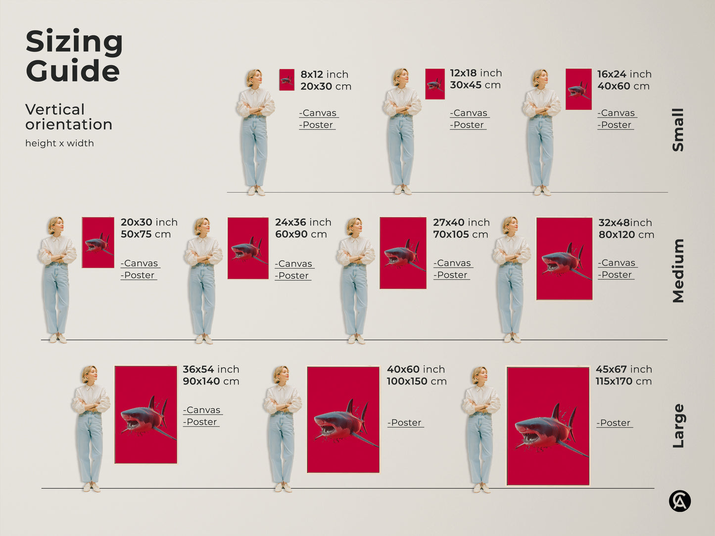 Visualize the sizing guide for great white shark art. Various vertical orientations are available. The crimson ocean wall art suits any space. Select the ideal canvas or poster size for the perfect shark artwork.