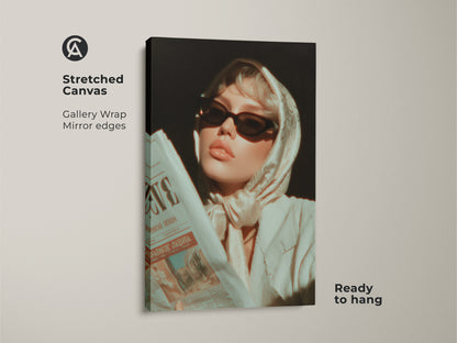 Stretched Canvas of a Retro Glamour Fashion Portrait. It features a woman with sunglasses reading a newspaper. Gallery wrapped with mirror edges. Ready to hang art for an eclectic home or a birthday gift for fashion lover.