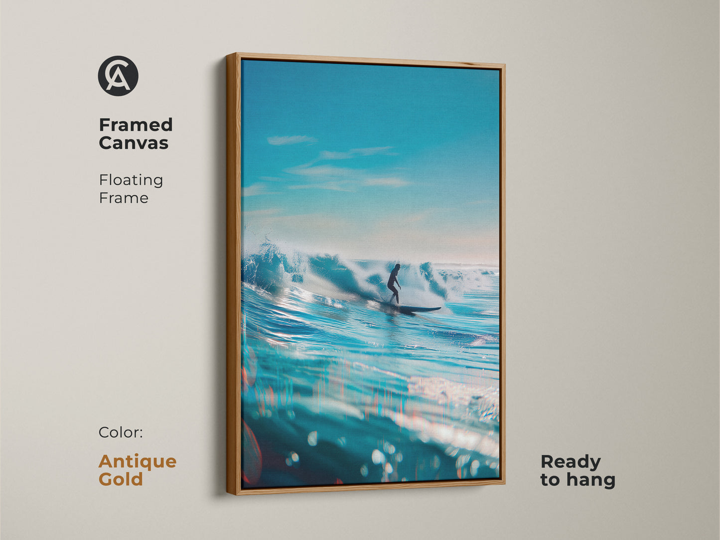 Antique gold framed canvas of a surfer riding a wave. This ready-to-hang floating frame adds elegance to the ocean artwork. The blue water and clear sky create a serene scene. This surfing art is a perfect addition to any room.