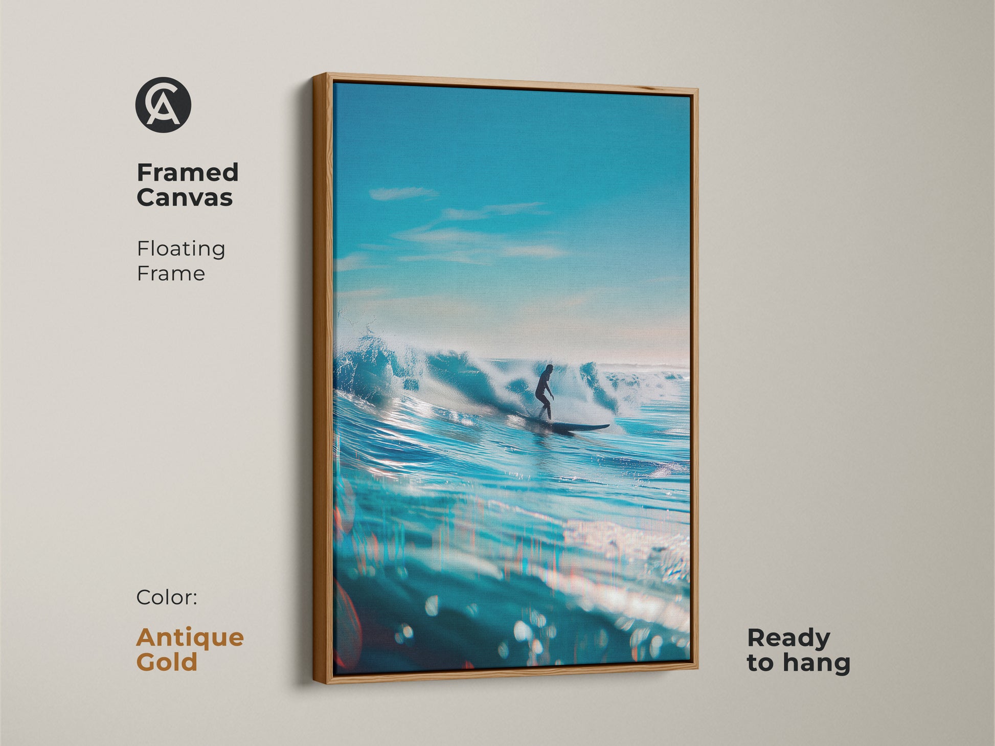 Antique gold framed canvas of a surfer riding a wave. This ready-to-hang floating frame adds elegance to the ocean artwork. The blue water and clear sky create a serene scene. This surfing art is a perfect addition to any room.
