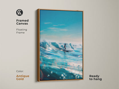 Antique gold framed canvas of a surfer riding a wave. This ready-to-hang floating frame adds elegance to the ocean artwork. The blue water and clear sky create a serene scene. This surfing art is a perfect addition to any room.