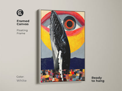 Framed canvas featuring a surreal whale eye art print. The white floating frame complements this abstract whale collage wall art. This eclectic art brings a touch of surrealism to any space. Ready to hang this yellow red and gray ocean creature canvas adds a unique artistic touch to your wall.