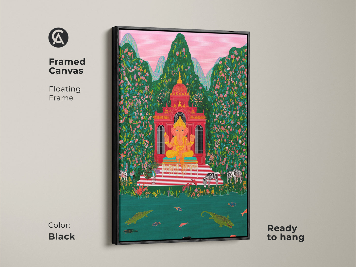 Framed Ganesha canvas art in a black floating frame. The spiritual wall art is ready to hang. This folk art print brings an eclectic vibe to any space. A red green tropical scene adds vibrant color. The Hindu deity artwork is perfect for unique wall decor.