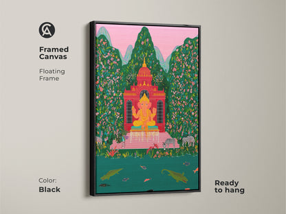 Framed Ganesha canvas art in a black floating frame. The spiritual wall art is ready to hang. This folk art print brings an eclectic vibe to any space. A red green tropical scene adds vibrant color. The Hindu deity artwork is perfect for unique wall decor.