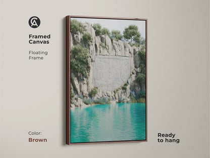 Framed canvas art of a surreal cliff landscape in a brown floating frame. The teal turquoise water highlights the fantasy nature carved stone artwork. Ready to hang bohemian wall art for eclectic home decor. A great housewarming gift for nature lovers and travel enthusiasts.
